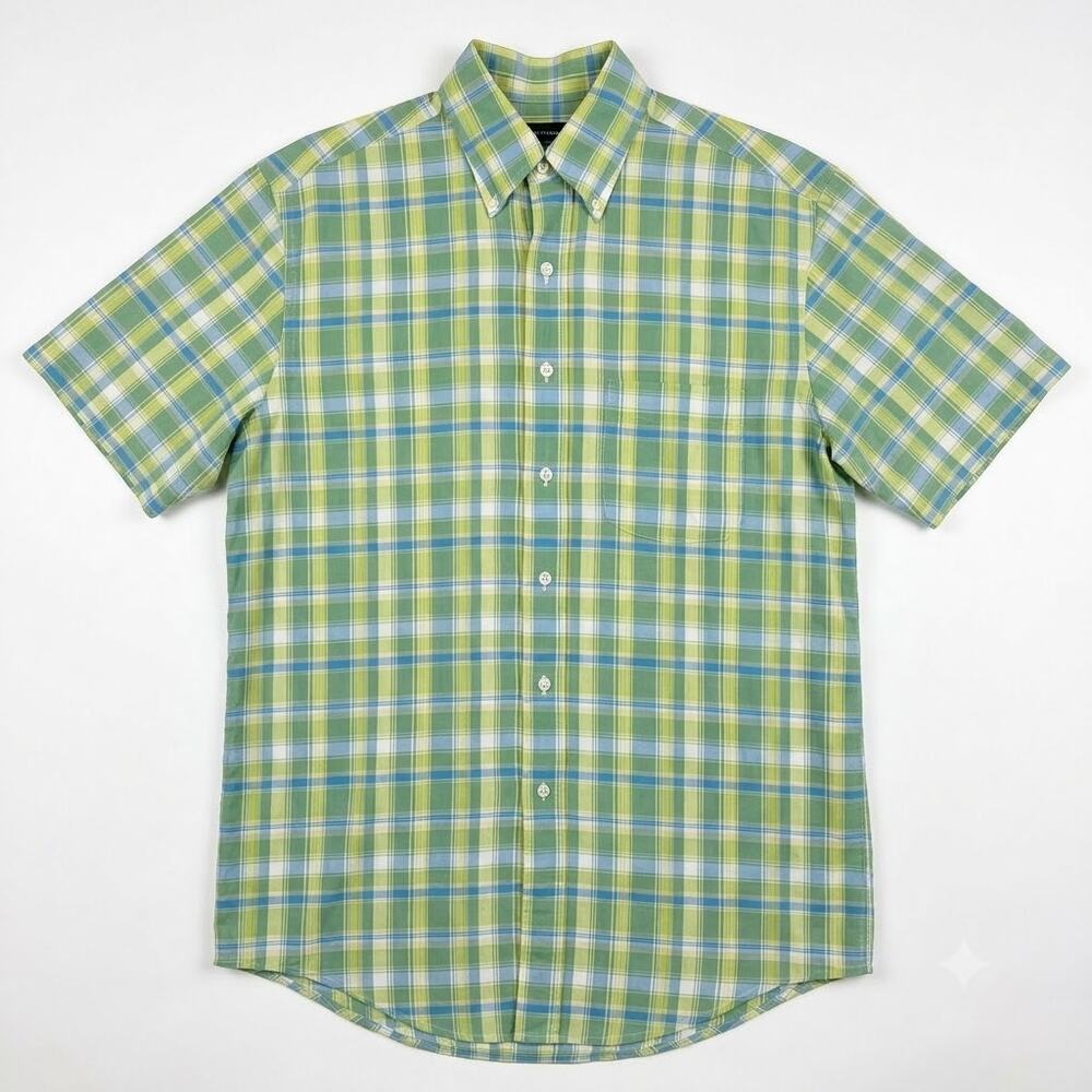 Brooks Brothers Short Sleeve Button Down Shirt Green Blue Plaid Mens Medium